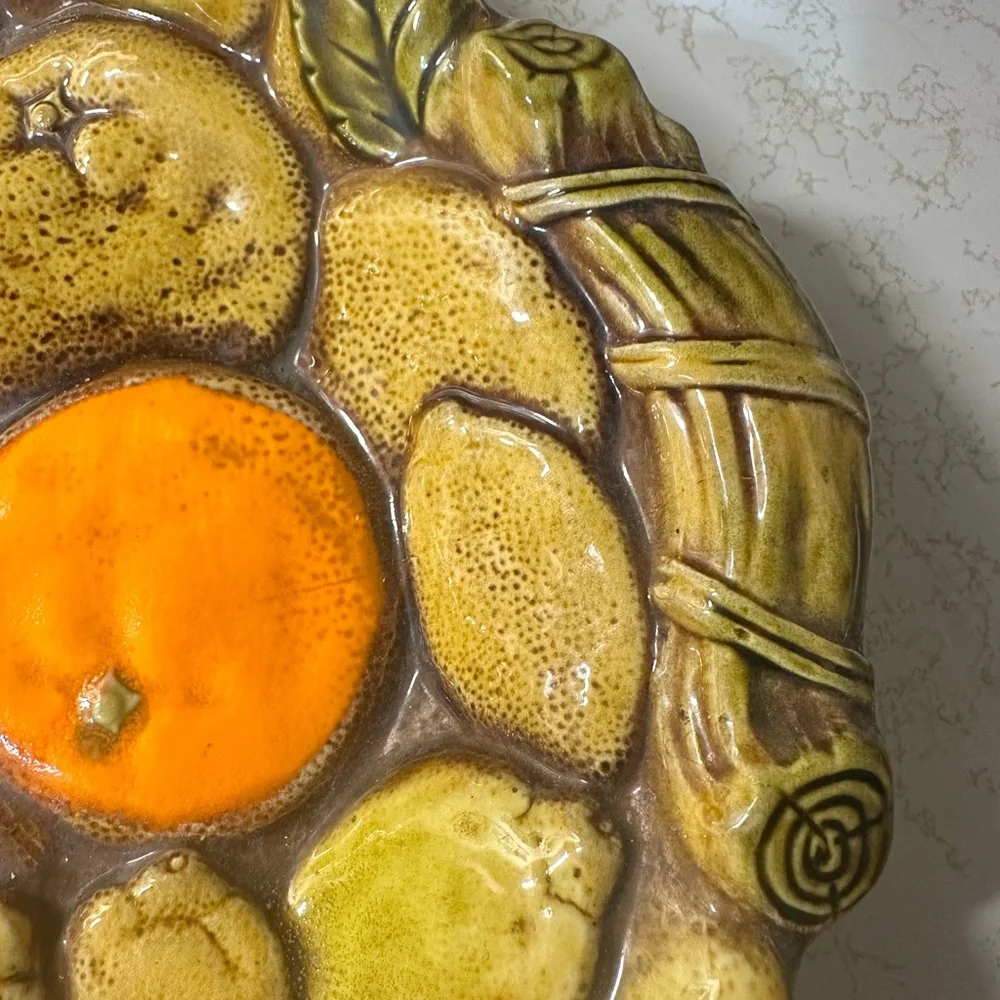 Vintage Mid-Century Modern Glazed Ceramic Divided Serving Tray 3D Fruit Motif